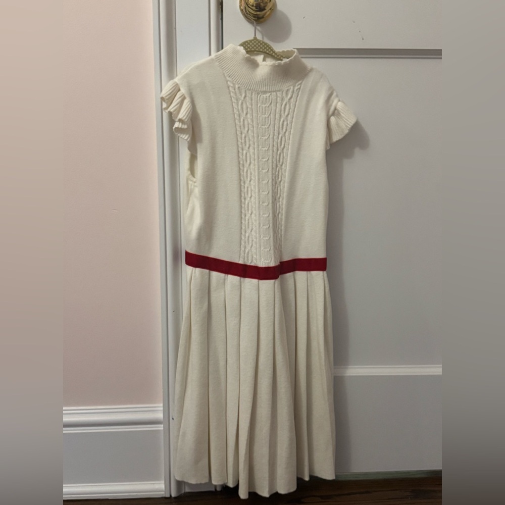 Janie & Jack - white knit with red waist trim - girls pleated dress.